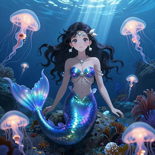 Digital anime-style artwork of a beautiful mermaid with long black hair, blue iridescent tail, pearl necklace, and glowing jellyfish in a vibrant