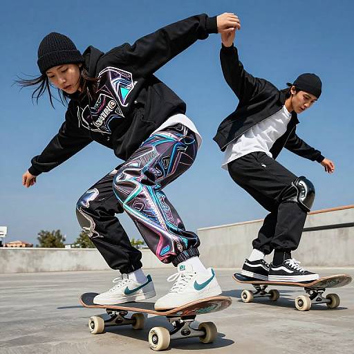 Photograph of two Asian teenage boys skateboarding on a sunny concrete plaza. Both wear black beanies, jackets, and colorful, patterned pants,