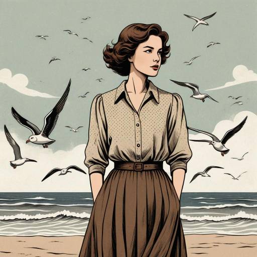 Vintage Style Woman on the Beach with Seagulls