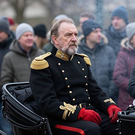 Photograph of an older white man with a gray beard, wearing a black military uniform with gold epaulettes, red gloves, and seated outdoors