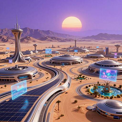 Digital art of a futuristic desert city with sleek, dome-shaped buildings, solar panels, illuminated holographic screens, and a large sun setting over distant mountains