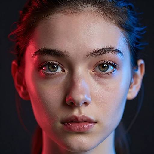 Close-up photograph of a young woman with fair skin, brown eyes, and dark brown hair, illuminated by red and blue light, against a black background