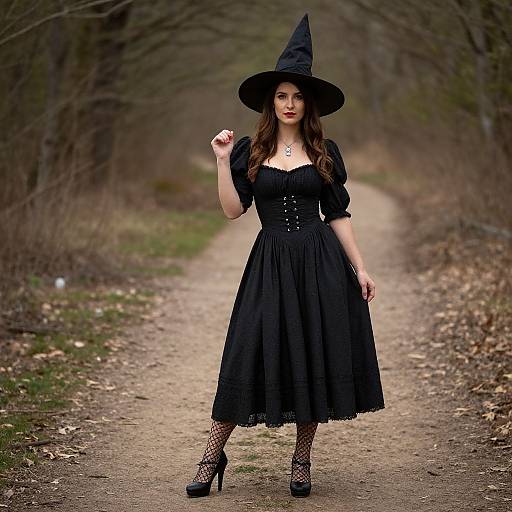 Retro Witch Costume on Dirt Path
