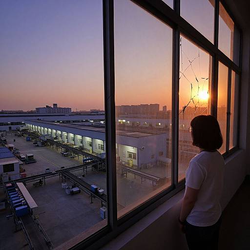 Photograph of a woman with short dark hair in a white shirt standing by a shattered airport window at sunset, watching the airport terminal and baggage carts outside