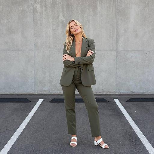 Confident Blonde in Olive Green Suit