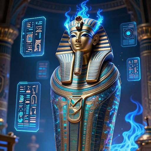 Digital CGI of a glowing blue and gold Anubis statue with fiery blue hair, ancient Egyptian symbols, and illuminated holographic text in a mystical,
