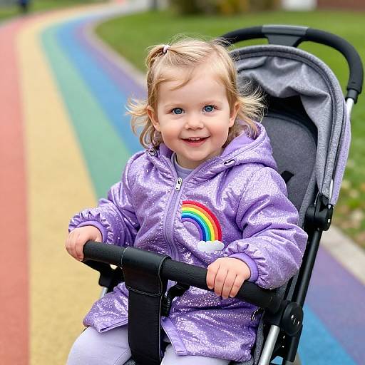 Photograph of a smiling blonde toddler with blue eyes, wearing a sparkly purple jacket with a rainbow, riding a black stroller on a colorful playground