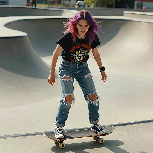 Photograph of a purple-haired girl with ripped jeans and black graphic t-shirt skating in a sunlit concrete skate park bowl.