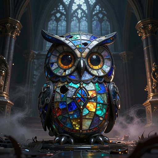 Photorealistic CGI of a colorful, mosaic owl with large, expressive eyes standing in a dark, gothic cathedral with mist and stone columns.