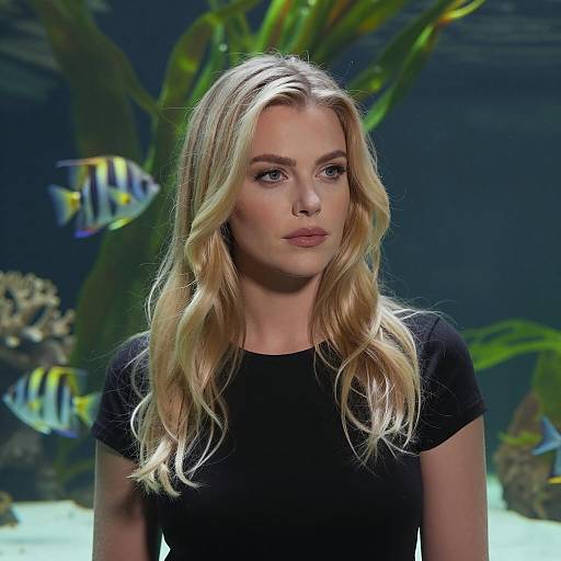 Blonde Woman Pose with Aquarium Background