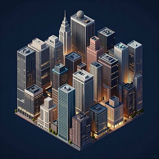 Digital illustration of a brightly lit, 3D isometric cityscape featuring densely packed, colorful skyscrapers with illuminated windows, set against a dark