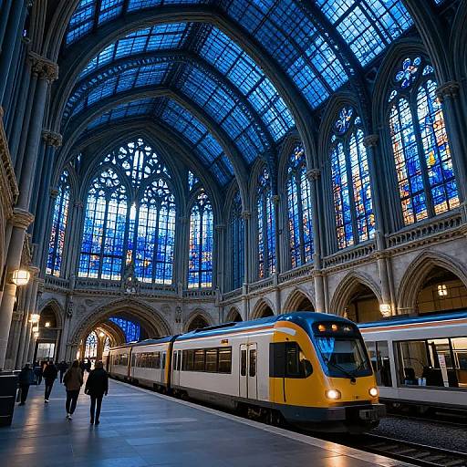 Photograph of a modern train in a grand, gothic-style station with towering, blue-stained glass arched ceilings and intricate stained glass windows.