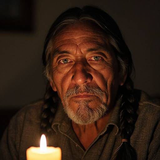Photograph of an elderly Native American man with long, braided gray hair, beard, and intense gaze, illuminated by a single candle in a dark