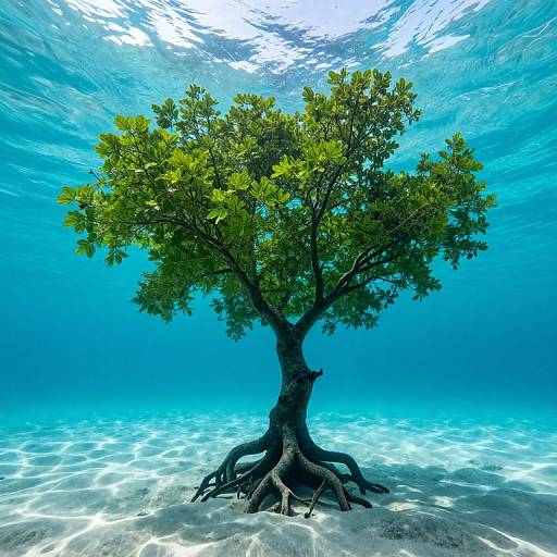 Underwater photograph of a vibrant green mangrove tree with exposed roots, standing on a sunlit, clear blue sandy seabed.