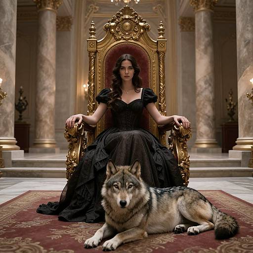 Photorealistic image of a dark-haired woman in a black, ruffled dress, sitting regally on an ornate gold throne, with a wolf