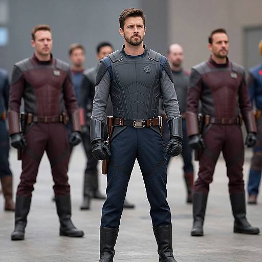 Photograph of a serious, bearded man in a black, armored suit with gloves and belt, standing in front of four similarly dressed men in a