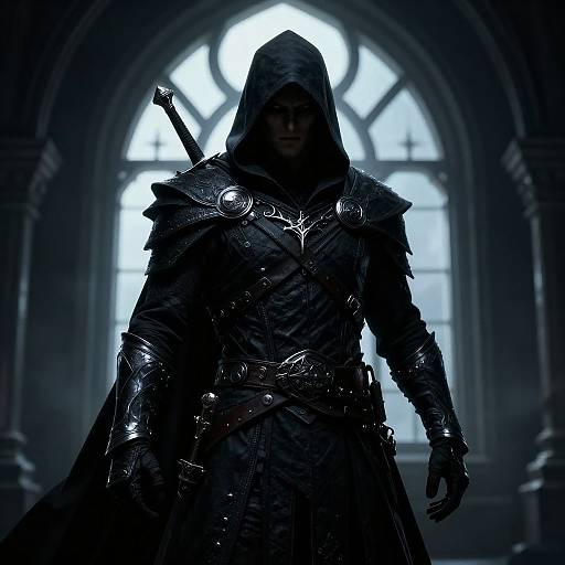 Silhouetted dark knight in ornate armor with hood, sword on back, stands before arched, glowing window in dimly lit cathedral.