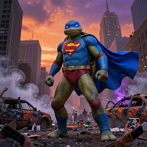 CGI image of a muscular, green turtle superhero in blue and red costume with a flowing cape, standing amid a smoky, destroyed city street at