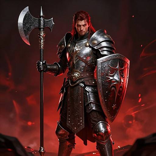 Photograph-style digital artwork of a fierce, dark-haired warrior in shiny black armor holding an ornate axe and shield, standing against a fiery red,