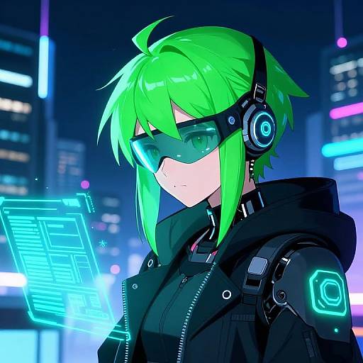 Digital anime-style artwork of a green-haired, futuristic girl with neon lights, black hoodie, glowing headphones, and cybernetic arm, holding a holog
