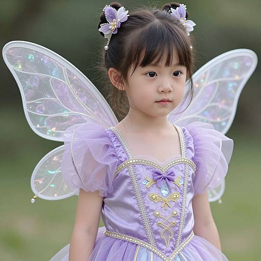 Photograph of an Asian girl with fair skin, wearing a lavender fairy dress with gold embellishments, and translucent iridescent wings, standing outdoors with