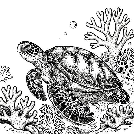 Detailed Sea Turtle Japanese Line Art