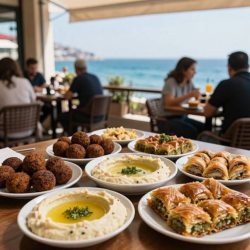 Photograph of a seaside restaurant table with Middle Eastern appetizers: crispy falafel, creamy hummus, spinach-filled pastries, and golden bak