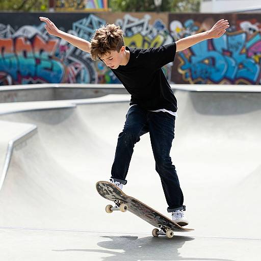 Photograph of a young boy with messy brown hair in a black t-shirt and jeans, mid-air skateboarding trick in a brightly lit, graffiti-covered