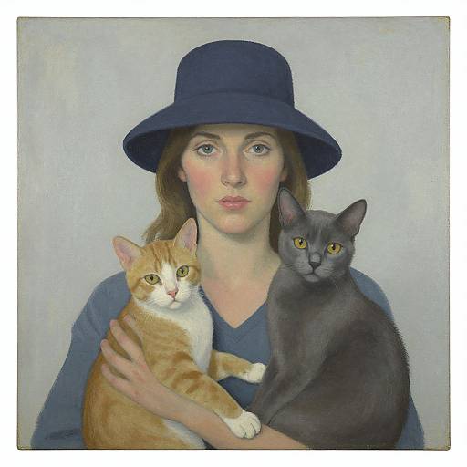 Realistic painting of a fair-skinned woman with blue hat, holding an orange-and-white cat and a gray cat, both gazing forward.