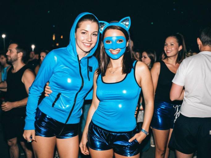 Women in Blue Shiny Outfits at Night Party