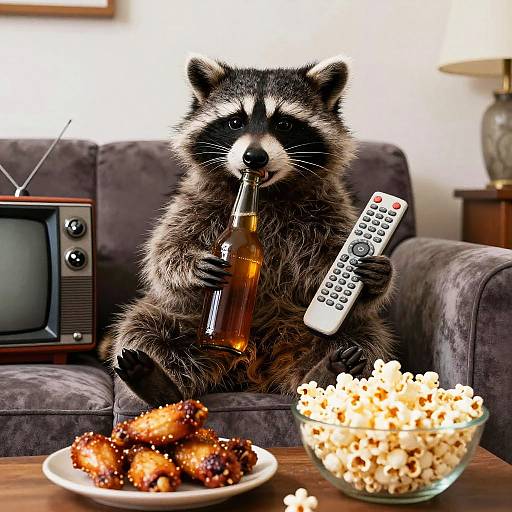 Anthropomorphic Raccoon Relaxing with Drink and Remote