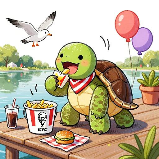 Cute cartoon turtle eating fries, burger, and soda on wooden pier with seagull, balloons, and lake background. Vibrant, digital art