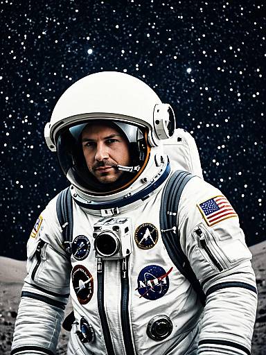 Man in NASA Astronaut Costume with Space Backdrop