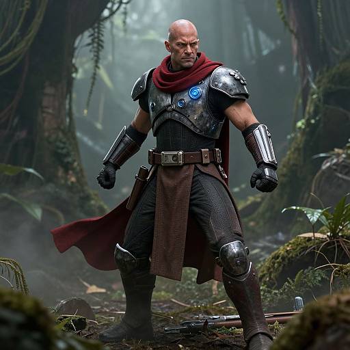 Photorealistic CGI of a muscular bald man in silver armor with a red cape, blue glowing emblem, standing in a misty, dense forest.