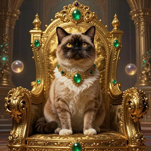 Digital artwork of a regal Siamese cat with amber eyes, adorned in a green gemstone necklace, sitting on an ornate gold throne with