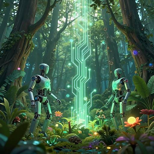 Digital art: Two glowing neon robots stand in a vibrant, luminescent forest, surrounded by colorful flowers and illuminated by a neon circuit path.