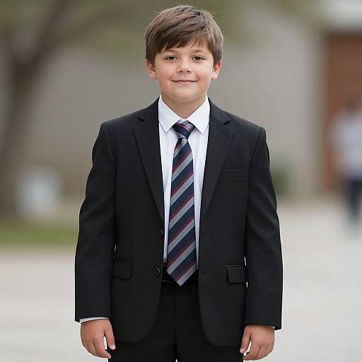 Photograph of a young boy with brown hair, wearing a black suit, white shirt, and striped tie, standing outdoors with a blurred background.