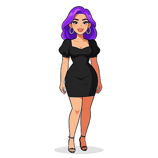 Digital cartoon of a confident woman with purple hair, wearing a black dress, hoop earrings, and black heels, standing against a white background.