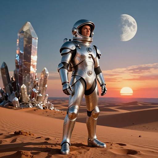 Photorealistic CGI: Astronaut in silver armor standing in desert with futuristic glass structures, moon in sky, sunset; orange and blue hues.