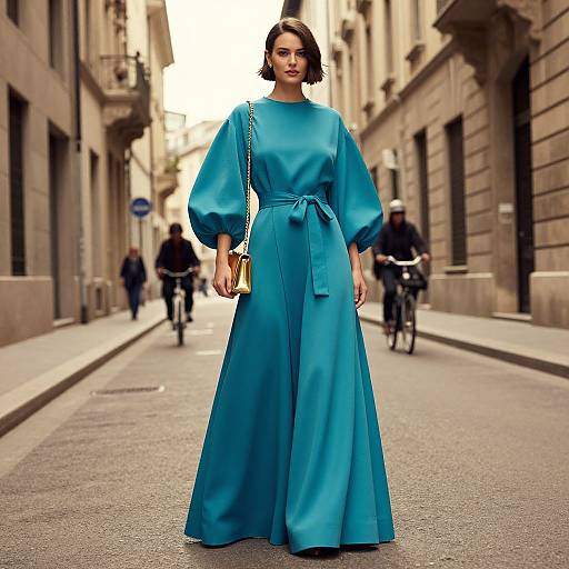 Photograph of a confident woman in a flowing, turquoise satin dress with puffy sleeves, standing on a narrow, urban street, carrying a small gold