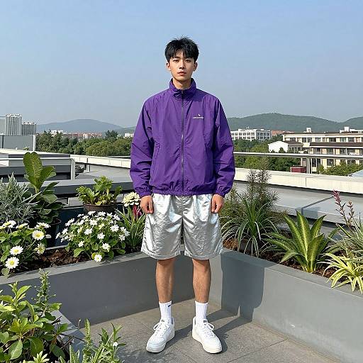 Photograph of an Asian man with short black hair, wearing a purple jacket, white shorts, white socks, and white sneakers, standing on a rooftop