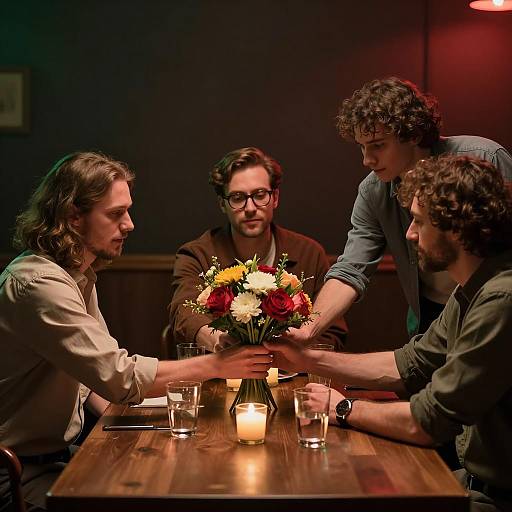 Men Sharing Flowers at Dimly Lit Table