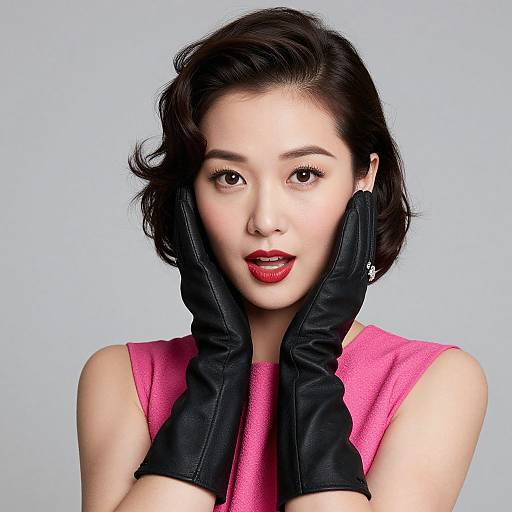 Photograph of an Asian woman with short black hair, wearing a bright pink sleeveless top, black leather gloves, red lipstick, and a light blue