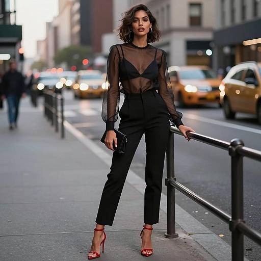 Chic fashion model in black trousers and sheer blouse