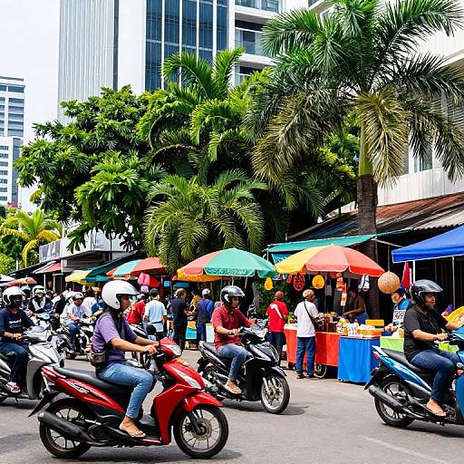 Vibrant street scene photograph: Busy urban intersection with motorcyclists, colorful umbrellas, and palm trees; modern high-rise building background.