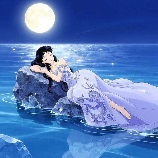 Anime-style digital drawing of a woman with long black hair sleeping on a rock in a moonlit, blue-toned ocean. She wears a white,