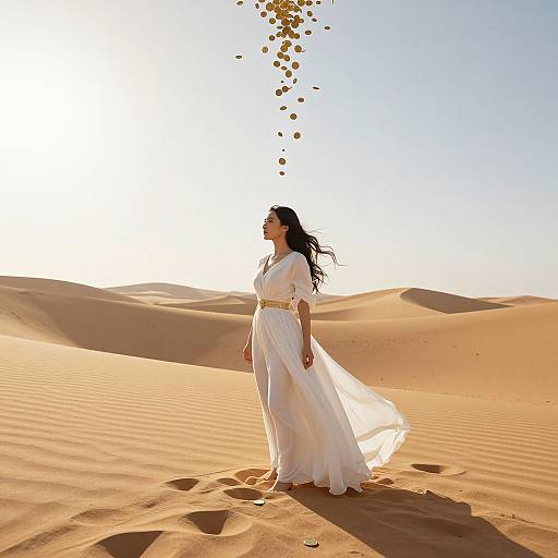 Photograph of a woman in a flowing white dress standing in a sunlit desert, with golden leaves falling from above.