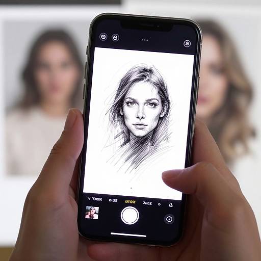 Photograph of a hand holding a smartphone displaying a black-and-white sketch of a woman's face, with two blurred, out-of-focus, colored photographs