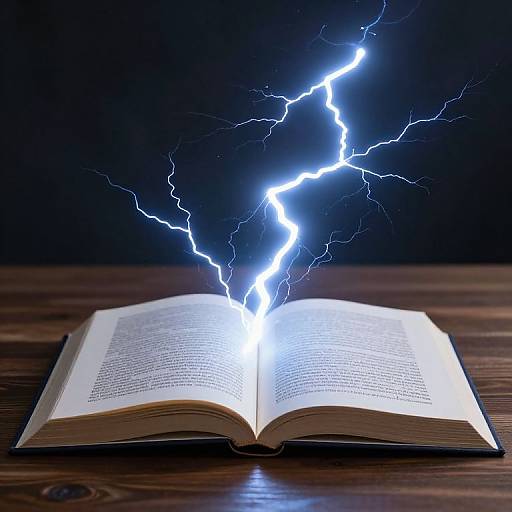 Photograph of an open book on a wooden table, with bright white lightning bolts emanating from its center against a dark background.