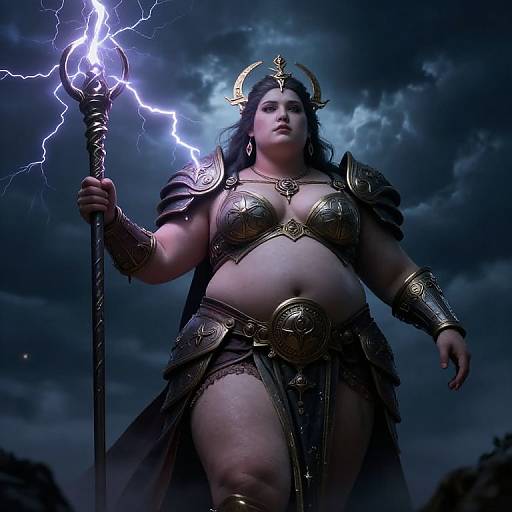 Digital art of a plus-sized, powerful female warrior with dark hair, wearing ornate bronze armor, holding a lightning-enchanted staff, under a